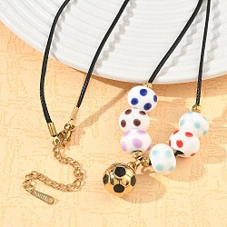 Sports 304 Stainless Steel Enamel Football Pendant Black Waxed Cord Necklaces, with Ceramic Beads, Colorful, Golden, 18.39 inch(46.7cm)(SA-CBA5F92-02G)