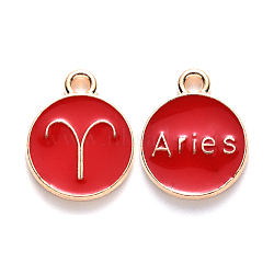 Alloy Enamel Pendants, Cadmium Free & Lead Free, Flat Round with Constellation, Light Gold, Red, Aries, 15x12x2mm, Hole: 1.5mm(ENAM-S124-01B-07A)