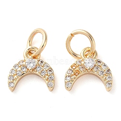 Rack Plating Brass Micro Pave Clear Cubic Zirconia Charms, Long-Lasting Plated, with Jump Rings, Moon, Golden, 9x9x2.5mm(KK-D097-06G)