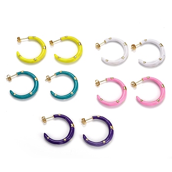 Brass Enamel Half Hoop Earrings, with Ear Nuts, Moon, Real 18K Gold Plated, Mixed Color, 29x29x4.5mm, Pin: 0.9mm