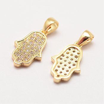 Brass Micro Pave Grade AAA Cubic Zirconia Charms, Long-Lasting Plated, Hamsa Hand/Hand of Fatima/Hand of Miriam, Cadmium Free & Nickel Free & Lead Free, Real 18K Gold Plated, 14x9x2mm, Hole: 3x4mm