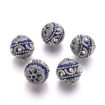 Handmade Indonesia Beads, with Alloy Findings and Iron Chain, Round, Antique Silver, Dark Blue, 20x19.5mm, Hole: 2mm