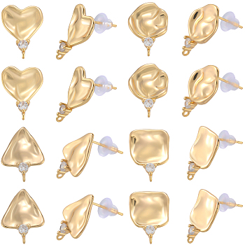 16Pcs 4 Styles Brass Micro Pave Cubic Zirconia Stud Earring Findings, Mixed Shapes, Real 18K Gold Plated, 17.5~18.5x12.5~13mm, hole: 1mm, pin: 0.8mm, 4pcs/style