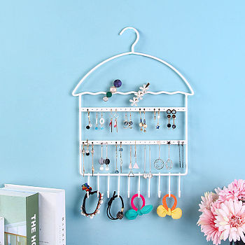 House Shaped Wall-mounted Iron Jewelry Display Rack, Jewelry Hanging Organizer Holder with Hook for Bracelet, Necklace, Earrings Storage, White, 42x30cm