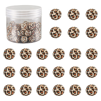 50Pcs Printed Natural Wooden Beads, Round with Leopard Print Pattern, Peru, 13x12mm, Hole: 3mm