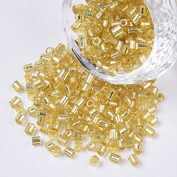 6/0 Glass Bugle Beads, Silver Lined, Goldenrod, 3.5~5x3.5~4mm, Hole: 1mm, about 4500pcs/bag