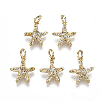 Brass Micro Pave Clear Cubic Zirconia Charms, with Jump Ring, Nickel Free, Starfish Shape, Real 18K Gold Plated, 14.5x12x3.5mm, Jump Ring: 4.5x0.7mm, 3mm inner diameter
