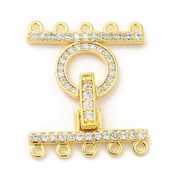 Rack Plating Brass Micro Pave Clear Cubic Zirconia Fold Over Clasps, Long-Lasting Plated, Ring, 5-Strand, 10-Hole, Real 18K Gold Plated, Round: 12.5x18.2mm, Hole: 1mm, Clasp: 7x18x2mm