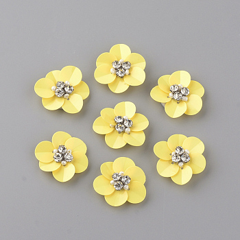 Handmade Paillette Ornament Accessories, with Rhinestones and Fabrics Pads, Flower, Yellow, 24~25x22~23x7mm