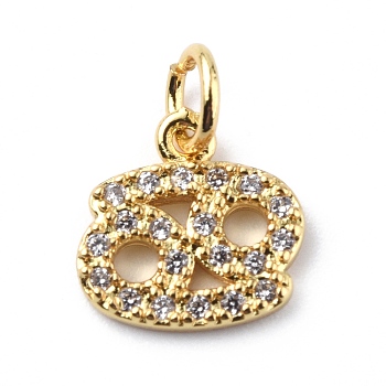 Brass Micro Pave Cubic Zirconia Charms, Constellation Charm, with Jump Rings, Real 18K Gold Plated, Cancer, 10x10.5x1.5mm, Hole: 3.4mm