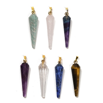 Natural Mixed Stone Pointed Pendants, Faceted Cone Charms with Golden Plated Barss Snap on Bails, 35~35.5x8~8.5mm, Hole: 6.5x4mm