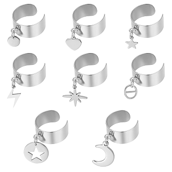 8Pcs 8 Styles 304 Stainless Steel Open Cuff Rings Set, with Alloy Charms, Oval & Heart & Star, Stainless Steel Color, Inner Diameter: 17~18mm, 1pc/style