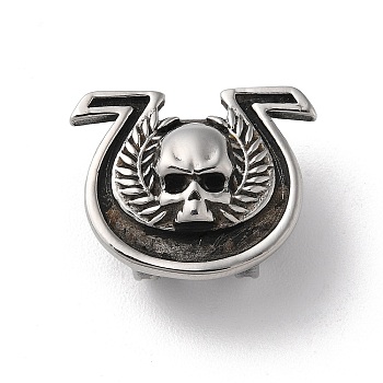 304 Stainless Steel Slide Charms, Horseshoe with Skull, Antique Silver, 17x21x11mm, Hole: 12x6mm