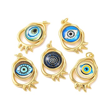 Rack Plating Brass Micro Pave Cubic Zirconia Pendants, with Glass, Long-Lasting Plated, with Jump Ring, Evil Eye, Real 18K Gold Plated, Mixed Color, 28x17x5mm