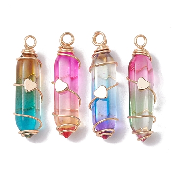 Glass Brass Pendants, Bullet Shape with Heart Charm, Mixed Color, 37~37.5x10.5x11.5mm, Hole: 3mm