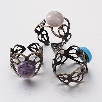Adjustable Mixed Stone Wide Band Cuff Rings, Open Rings, with Antique Bronze Plated Brass Findings, 16mm