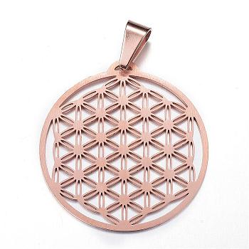 304 Stainless Steel Pendants, Flat Round, Rose Gold, 37x35x1mm, Hole: 5.5x9mm
