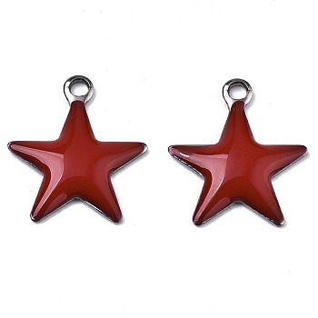201 Stainless Steel Enamel Charms, Star, Stainless Steel Color, Dark Red, 14.5x12.5x2mm, Hole: 1.5mm