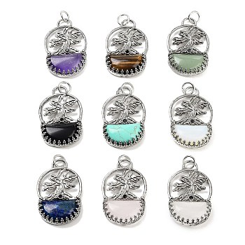 Natural & Synthetic Mixed Gemstone Bag Pendants, Rack Plating Antique Silver Plated Brass Tree Charms, Cadmium Free & Lead Free, 41x26x6mm, Hole: 5.5mm