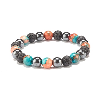 Natural Lava Rock & Synthetic Hematite & Ocean White Jade(Dyed) Round Beaded Stretch Bracelet, Essential Oil Gemstone Jewelry for Women, Sandy Brown, Inner Diameter: 2-1/8 inch(5.5cm)