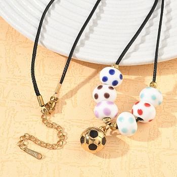 Sports 304 Stainless Steel Enamel Football Pendant Black Waxed Cord Necklaces, with Ceramic Beads, Colorful, Golden, 18.39 inch(46.7cm)