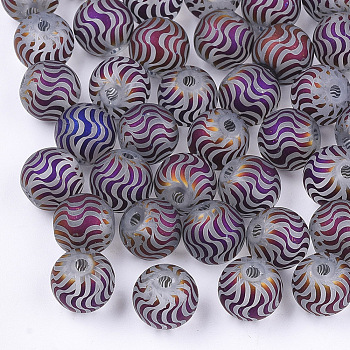 Electroplate Glass Beads, Frosted, Round with Wave Pattern, Indigo, 8~8.5mm, Hole: 1.5mm
