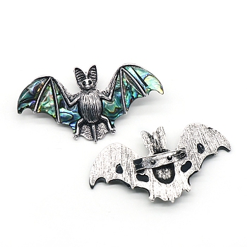 Halloween Bat Alloy Pave Natural Paua Shell Brooch, Platinum, Colorful, 36x68mm