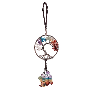Wire Wrapped Chips Natural Gemstone Big Pendant Decorations, with Red Copper Plated Brass Wires and Nylon Cord, Flat Round with Tree of Life, 160~180mm