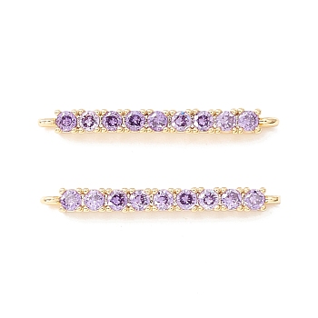 Rack Plating Brass Micro Pave Cubic Zirconia Connestor Charms, Long-Lasting Plated, Real 18K Gold Plated, Cadmium Free & Nickel Free & Lead Free, Strip, Lilac, 24x2x2.5mm, Hole: 1mm