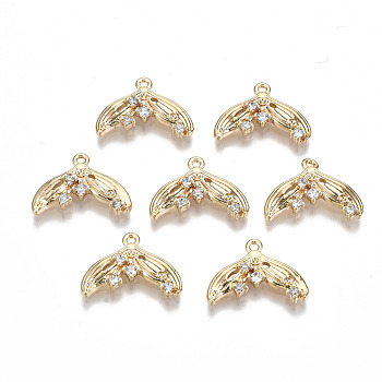 Brass Micro Pave Clear Cubic Zirconia Charms, Nickel Free, Fishtail Shape, Real 18K Gold Plated, 11x15x3mm, Hole: 1mm