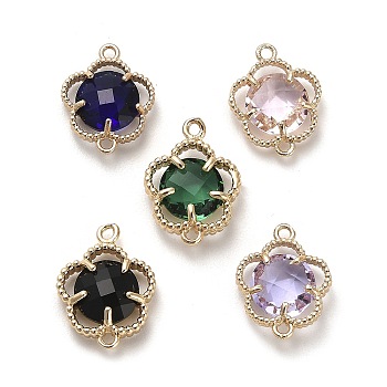 Brass Pave Glass Connector Charms, Golden, Faceted, Flower Links, Mixed Color, 16x11.5x3.8mm, Hole: 1.4mm