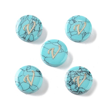 Synthetic Turquoise Beads, with Golden Tone Brass Slices, Flat Round with Letter, Letter V, 15x5.5mm, Hole: 1.4mm