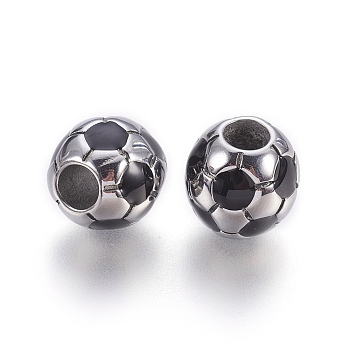 304 Stainless Steel Enamel European Beads, Large Hole Beads, FootBall/Soccer Ball, Black, Stainless Steel Color, 12.5x12mm, Hole: 5mm