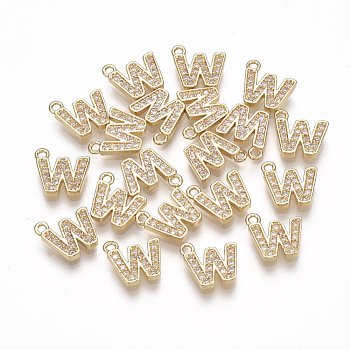Brass Cubic Zirconia Charms, Letter, Clear, Real 18K Gold Plated, Letter.W, 8.5x9.5x1.5mm, Hole: 1mm
