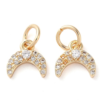 Rack Plating Brass Micro Pave Clear Cubic Zirconia Charms, Long-Lasting Plated, with Jump Rings, Moon, Golden, 9x9x2.5mm
