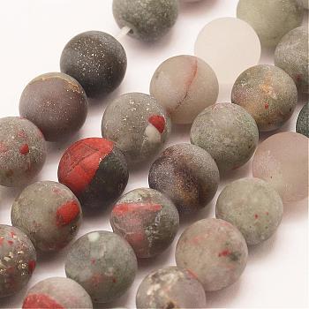 Natural African Bloodstone Beads Strands, Heliotrope Stone Beads, Round, Frosted, 6mm, Hole: 1mm, about 62pcs/strand, 15 inch