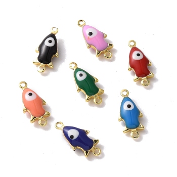 Brass Enamel Connector Charms, Real 18K Gold Plated, Fish with Evil Eye Pattern, Mixed Color, 6.5x14x4mm, Hole: 1mm