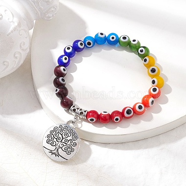 7-Color 8mm Round Alloy Handmade Evil Eye Lampwork Stretch Bracelets(BJEW-JB10198-02)-2