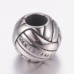 304 Stainless Steel European Beads, Sports Beads, Large Hole Beads, Volleyball, Antique Silver, 11x10mm, Hole: 5mm(STAS-P173-008AS)
