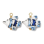 Handmade Porcelain Pendants, with Brass Findings, Hand Painted, Fish Charms, Blue, Real 18K Gold Plated, 22x21x7mm, Hole: 3mm(PR-CBA8966-02G)