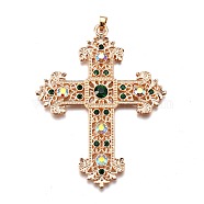 Alloy Rhinestone Big Pendants, Religion, Lead Free & Cadmium Free, Cross, Light Gold, Emerald, 87x67x6mm, Hole: 4.5x6mm(ALRI-F070-01LG-RS)