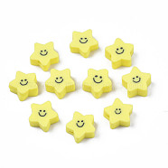 Handmade Polymer Clay Beads, Star with Smiling Face, Yellow, 7.5~9x8.5~9x3.5~4mm, Hole: 1.6mm(CLAY-N011-45A-08)