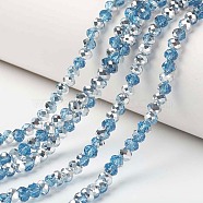 Electroplate Transparent Glass Beads Strands, Half Silver Plated, Faceted, Rondelle, Deep Sky Blue, 3.5x3mm, Hole: 0.4mm, about 123~127pcs/strand, 13.7~14.1 inch(35~36cm)(EGLA-A034-T3mm-M18)