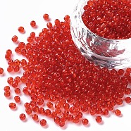 Glass Seed Beads, Transparent, Round, Round Hole, Red, 8/0, 3mm, Hole: 1mm, about 1111pcs/50g, 50g/bag, 18bags/2pounds(SEED-US0003-3mm-5)