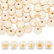 60Pcs 6 Styles Wood European Carved Beads, Large Hole Round Beads, Undyed, Mixed Shapes, 19x17.5mm, Hole: 5mm, 10pcs/style(WOOD-GL0001-17)