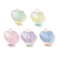 Luminous Acrylic Connector Charms, Heart Links with Opaque Resin Bead Caps and Golden Plated 304 Stainless Steel Loops, Mixed Color, 23x18x10mm, Hole: 2.3mm(PALLOY-JF02204)