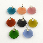 Cat Eye Pendants with Platinum Plated Iron Findings, Flat Round, Mixed Color, 20x4mm, Hole: 3mm(CE-R009-12)