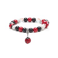 Natural & Synthetic Mixed Stone Round Beaded Stretch Bracelet, Lampwork Beetle Charm Yoga Bracelet for Women, Colorful, Inner Diameter: 2-1/8 inch(5.4cm)(BJEW-TA00185)