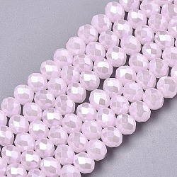 Electroplate Glass Beads Strands, Imitation Jade Beads, Pearl Luster Plated, Faceted, Rondelle, Pink, 2.3~2.7x1.5mm, Hole: 0.4mm, about 150~155pcs/strand, 32~33cm(EGLA-A034-J1mm-A03)