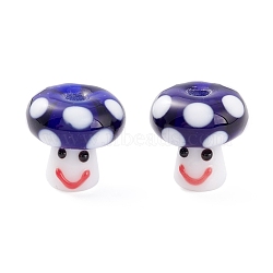 Handmade Lampwork Beads, Smiling Face Mushroom Beads, Blue, 13x13mm, Hole: 3mm(GLAA-K041-01F)